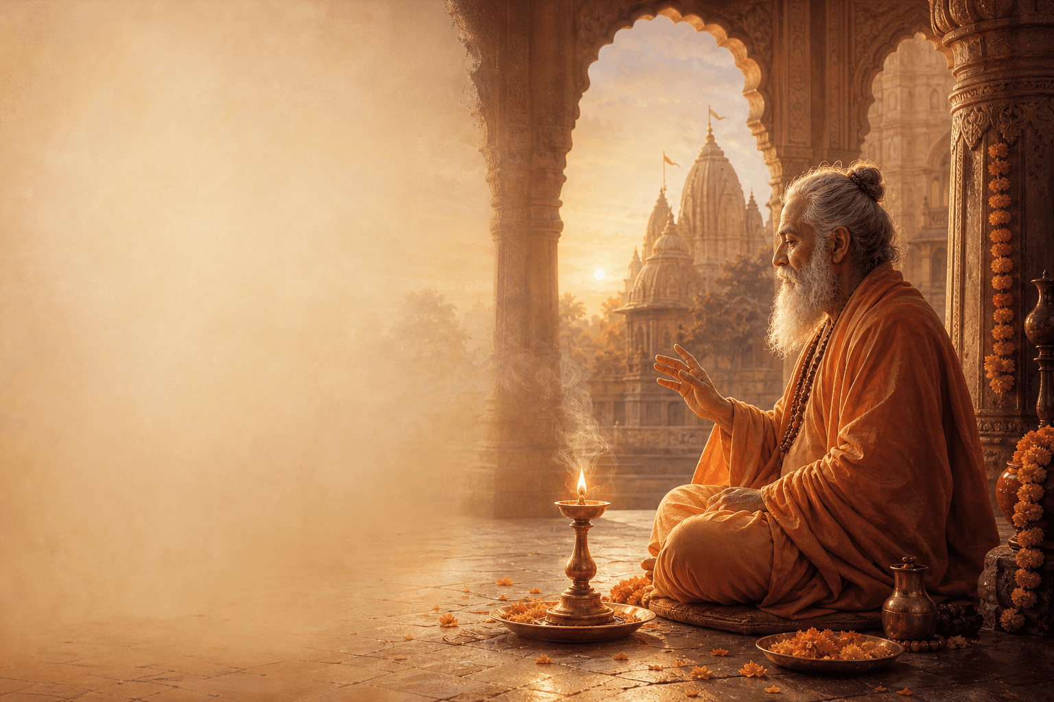 A wise guru guiding a peaceful morning practice in a temple courtyard